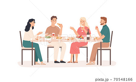 Friends eating. Fun and smiling people at table in restaurant, cafe or home drink beverage, eat tasty dishes friendly hangout vector concept Friends eating. Fun and smiling people at table in restaurant, cafe or home drink beverage, eat tasty dishes friendly hangout vector concept 70548166