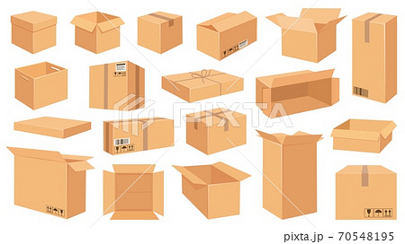 Cardboard boxes. Cartoon brown carton package. Open and closed delivery rectangle box with fragile signs. Vector shipping and packing set Cardboard boxes. Cartoon brown carton package. Open and closed delivery rectangle box with fragile signs. Vector shipping and packing set 70548195