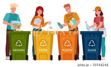People sorting garbage. Men and women separate waste and throwing trash into recycling bins. Ecology lifestyle vector illustration 70548248