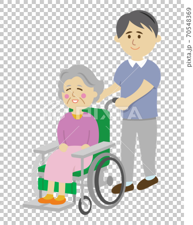 車椅子の高齢者と男性のイラストイメージ 70548369