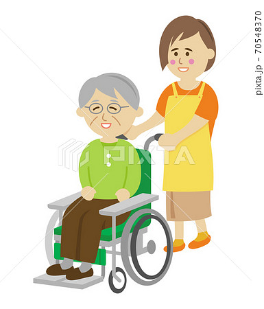 車椅子の高齢者と女性のイラストイメージ 70548370