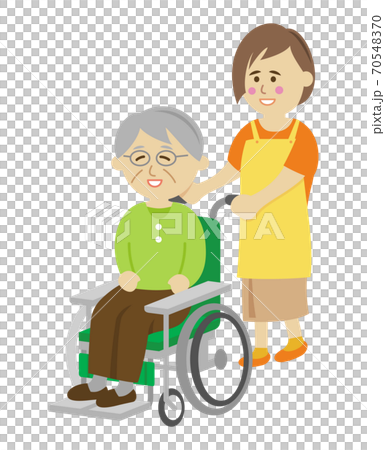 車椅子の高齢者と女性のイラストイメージ 70548370