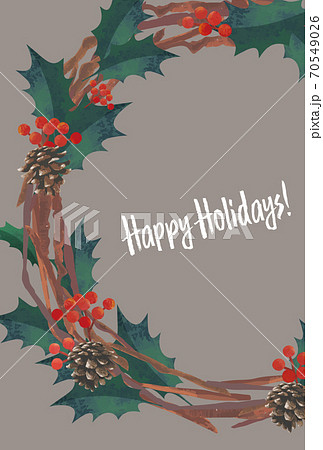 クリスマスカード 柊のリース 水彩イラスト はがきサイズ 比率 のイラスト素材