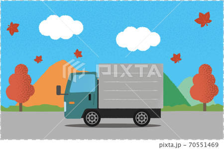Vector illustration of a green truck on a road along the mountain in autumn Vector illustration of a green truck on a road along the mountain in autumn 70551469