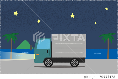 Vector illustration of a green truck on the road by the sea with lights on at night Vector illustration of a green truck on the road by the sea with lights on at night 70551478