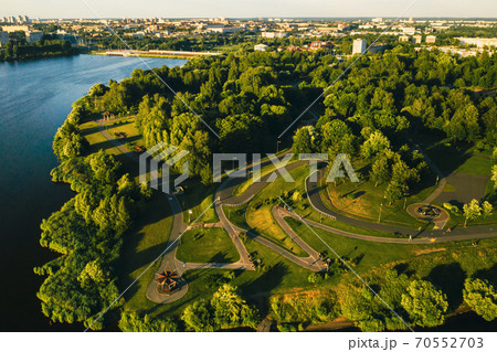 Top view of the city Park in Chizhovka.Recreation Park with bike paths in Minsk.Belarus Top view of the city Park in Chizhovka.Recreation Park with bike paths in Minsk.Belarus 70552703
