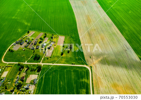 top view of a sown green field and a small village in Belarus. Agricultural fields in the village.Spring sowing in a small village 70553030