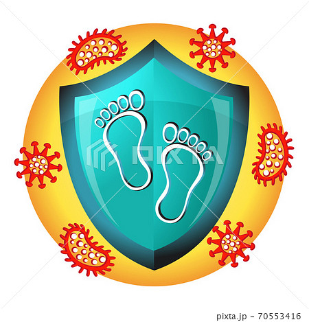 Foot nail fungus treatment icon. Protection of legs from fungal infection disease.  Footprints protected from bacteria by medical shield. Flat vector illustration. 70553416