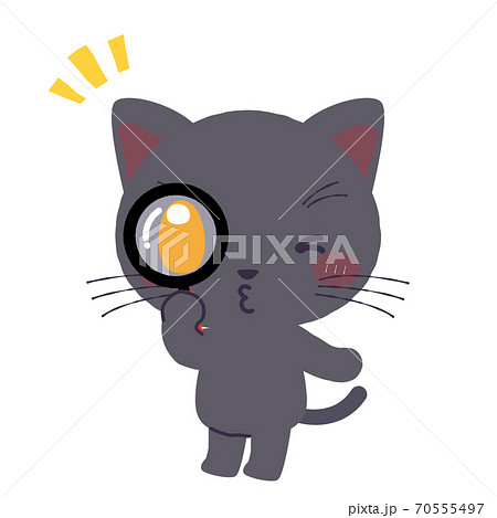 虫めがねで何かを見つけた黒ネコくんのイラスト素材