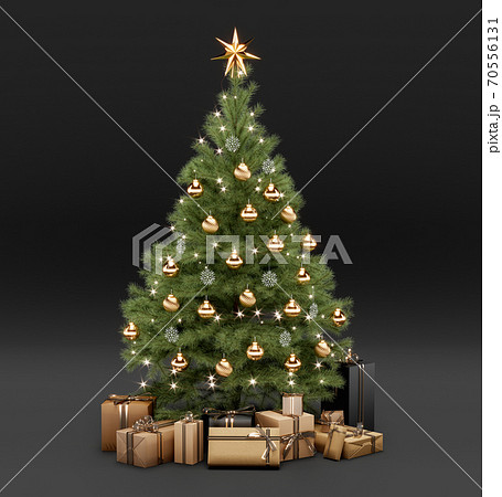 Christmas tree and gifts on black background. 3d render illustration. 70556131