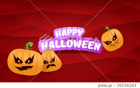 Halloween Horizontal web Banner or poster with Halloween scary pumpkins gang isolated on a red background. Funky kids Halloween concept background with greeting text 70556263