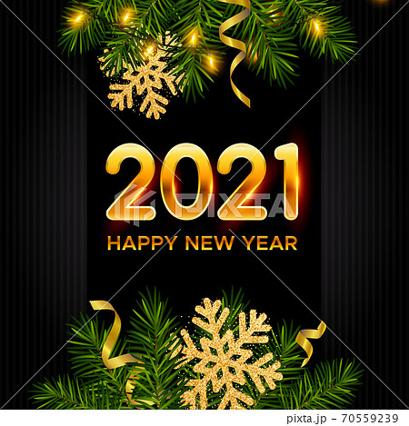 New Year dark background with pine branches, golden snowflakes, tinsel, garland and numbers 2021. Template for Christmas and New Year poster, postcard, banner for winter and new year holidays 70559239