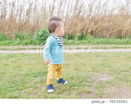 ふわふわ飛ぶシャボン玉を見つめる幼児 70559561