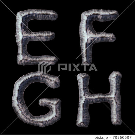 Set of capital letters E, F, G, H made of forged metal isolated on black background. 3d Set of capital letters E, F, G, H made of forged metal isolated on black background. 3d 70560607