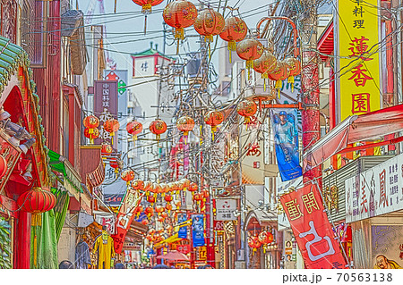 アニメ風 神奈川県横浜 中華街 市場通りのイラスト素材