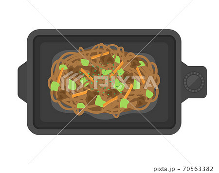 ホットプレートで焼きそばを作るイラストのイラスト素材