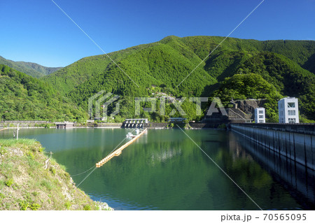 夏の奥多摩湖　南岸から湖面と北岸の山々の風景 70565095