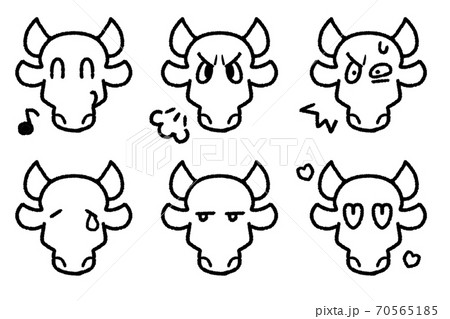 年賀状に使える牛の表情パターン(モノクロ) 年賀状に使える牛の表情パターン(モノクロ) 70565185