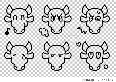年賀状に使える牛の表情パターン(モノクロ) 年賀状に使える牛の表情パターン(モノクロ) 70565185