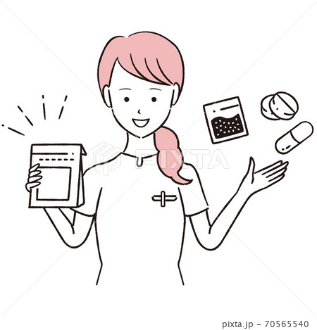 笑顔で薬を渡す薬剤師 薬を紹介のイラスト素材