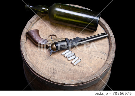 Old West Weapon - Percussion Army Revolver with paper cartidges and green glass liquor bottle Old West Weapon - Percussion Army Revolver with paper cartidges and green glass liquor bottle 70566979