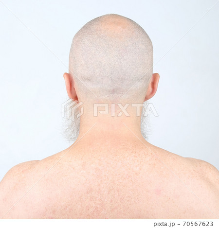 portrait of bald man with beard from back on light background 70567623