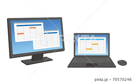 ノートpcと大画面ディスプレイのデュアルモニターのイラスト 白背景のイラスト素材