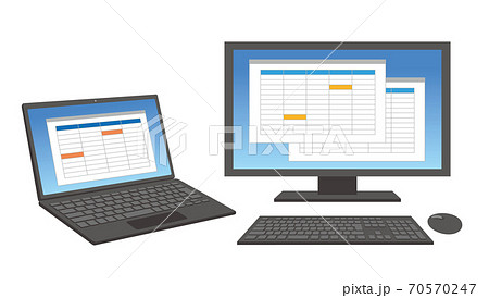 ノートPCと大画面ディスプレイのデュアルモニターのイラスト/白背景 70570247