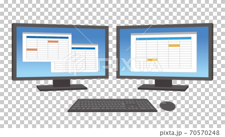 2台の大画面ディスプレイのデュアルモニターのイラスト 白背景のイラスト素材