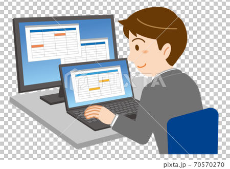 Illustration of a young man in a suit doing office work on a laptop and a large screen external monitor / white background Illustration of a young man in a suit doing office work on a laptop and a large screen external monitor / white background 70570270