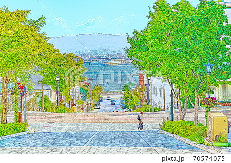 アニメ風] 北海道の夏 函館元町の坂のある風景 [八幡坂]のイラスト素材