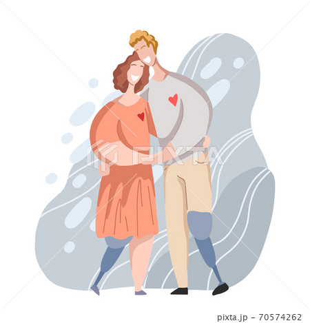 Happy couple with legs prosthesis hugging and laughing. Relationships and love. Date in modern flat style. Family and unity of people. Happy couple with legs prosthesis hugging and laughing. Relationships and love. Date in modern flat style. Family and unity of people. 70574262