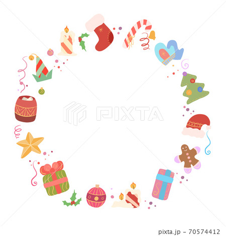Circle festive frame with ornament, hollie, gift, sweet, Santa hat, serpentine, mittens and confetti. Round christmas template 70574412