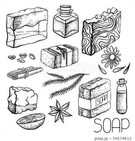Set of hand drawn handmade soaps and ingredients for soap making. Hand soap, cinnamon, coffee, oil, orange, juniper, calendula. Vector sketch drawing Set of hand drawn handmade soaps and ingredients for soap making. Hand soap, cinnamon, coffee, oil, orange, juniper, calendula. Vector sketch drawing 70574612