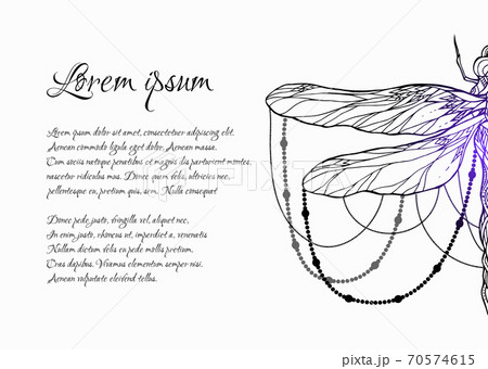 Card with spiritual dragonfly pattern with beads and space for text. Magical template 70574615
