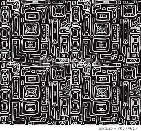 Seamless white tribal doodle pattern on black background. Boho pattern with rectangles. Vector texture 70574617