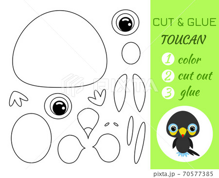Coloring book cut and glue baby toucan. Educational paper game for preschool children. Cut and Paste Worksheet. Color, cut parts and glue on paper.Cartoon character. Vector stock illustration. 70577385