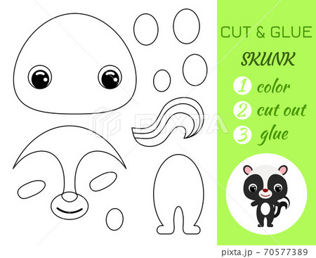 Coloring book cut and glue baby skunk. Educational paper game for preschool children. Cut and Paste Worksheet. Color, cut parts and glue on paper.Cartoon character. Vector stock illustration. 70577389