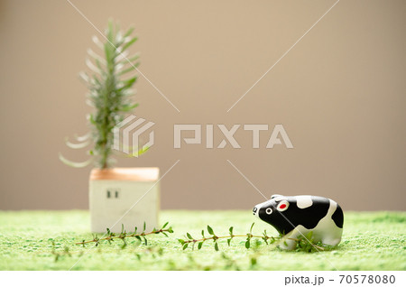 （2021年・丑年）年賀状で使える、草原の中に佇む置物の牛 70578080