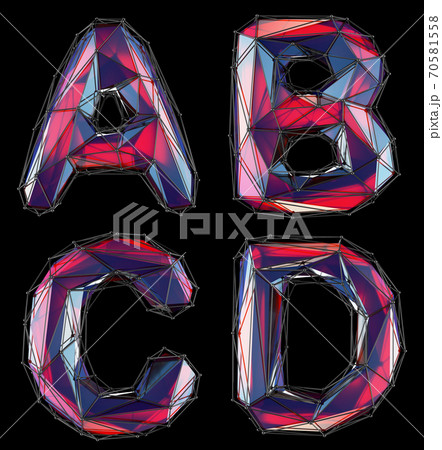 Realistic 3D letters set A, B, C, D made of low poly style. Collection symbols of low poly style red color glass isolated on black background 3d 70581558