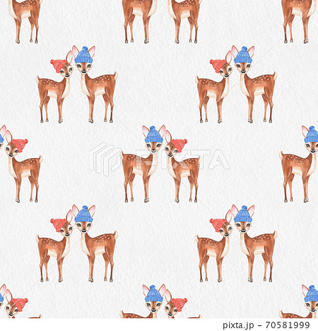 Cute winter Baby Deers. Hand drawn cute fawns seamless pattern Cute winter Baby Deers. Hand drawn cute fawns seamless pattern 70581999