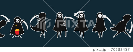 Set of death stickers with scythe for Halloween. Costume for masquerade. Cute flat vector illustration on isolated background. Set of death stickers with scythe for Halloween. Costume for masquerade. Cute flat vector illustration on isolated background. 70582457