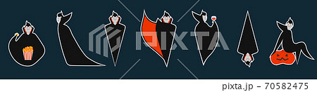 Set of dracula stickers in different pose for Halloween. Costume for masquerade. Cute flat vector illustration on isolated background. Set of dracula stickers in different pose for Halloween. Costume for masquerade. Cute flat vector illustration on isolated background. 70582475