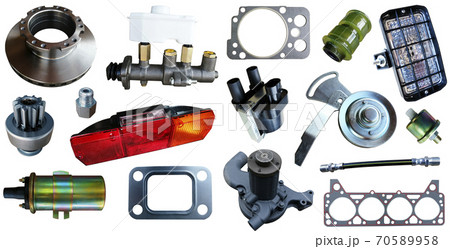 Auto spare parts car on the white background. Set with many isolated items for shop or aftermarket Auto spare parts car on the white background. Set with many isolated items for shop or aftermarket 70589958
