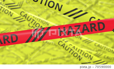 Yellow and red warning tapes with CAUTION and HAZARD text. Conceptual 3d rendering 70590000