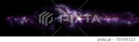 Abstract space panoramic wallpaper. Black hole with nebula over colorful stars and cloud fields in outer space. Abstract space panoramic wallpaper. Black hole with nebula over colorful stars and cloud fields in outer space. 70590123