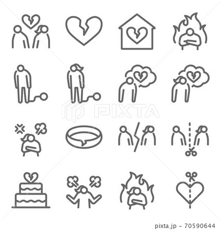 Divorce icon illustration vector set. Contains such icon as conflict, wreck, halt, cease, separate, unhappy, and more. Expanded Stroke Divorce icon illustration vector set. Contains such icon as conflict, wreck, halt, cease, separate, unhappy, and more. Expanded Stroke 70590644