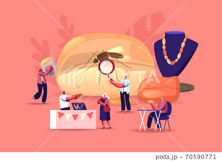 Tiny Male, Female Characters around of Huge Amber Fossil with Mosquito inside, Jeweler Making Jewelry of Beautiful Stone Tiny Male, Female Characters around of Huge Amber Fossil with Mosquito inside, Jeweler Making Jewelry of Beautiful Stone 70590771