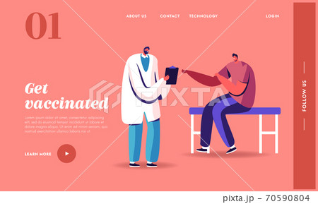 Male Character Visiting Medical Procedure Landing Page Template. Sick Man Patient Sitting in Practitioner Office 70590804