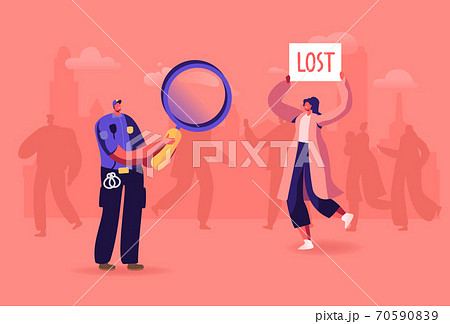 Woman with Lost Banner in Crowded Place, Policeman Character with Magnifier, Big City Social Problem, Human Behavior 70590839